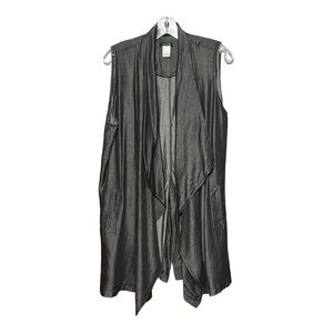 IMAN Draped Waterfall Open Front Longline Vest Chambray Black Sleeveless Large